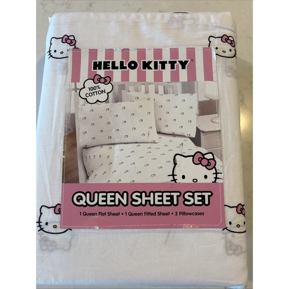 New Hello Kitty Head Pink Bow Queen 4-pc Sheet Set Sanrio 100% Cotton - Picture 1 of 3